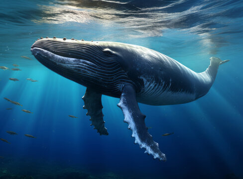 Humpback whale swimming in the ocean with a school of fish.