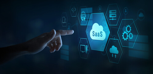 SaaS concept, software as a service, on demand. Internet  technology diagram on virtual screen.