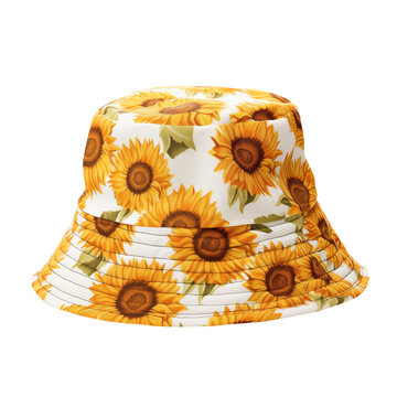 Sunflower Florals, Flowers Fashion Bucket Hat in Yellow, Brown, Green and White isolated on white transparent background PNG