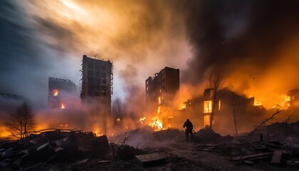 warzone with destroyed burning buildings covered in thick smoke and a squad of soldiers walking through them - obrazy, fototapety, plakaty