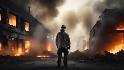 Obraz premium warzone with destroyed burning buildings covered in thick smoke and a squad of soldiers walking through them