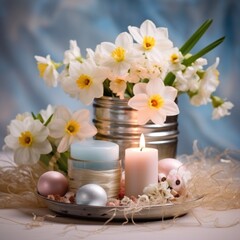 Fototapeta na wymiar An elegant Easter-themed setup featuring flowers, candles, and decorations,