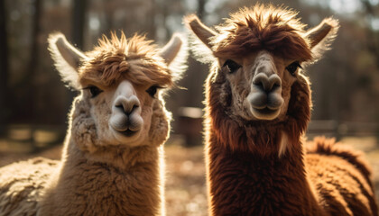 Obraz premium Cute alpaca portrait, looking at camera with fluffy wool generated by AI