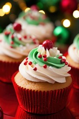 beautifully decorated cupcakes with festive red and green icing and edible Christmas decorations