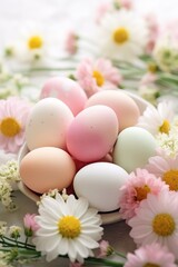 A beautiful shot of pastel-colored Easter eggs arranged on a bed of flowers,