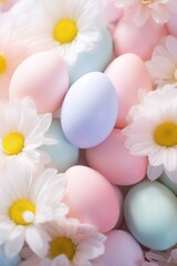 Obraz na płótnie Canvas A beautiful shot of pastel-colored Easter eggs arranged on a bed of flowers,