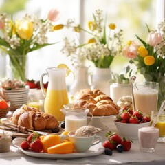Obraz na płótnie Canvas Easter brunch items, including pastries, fruits, and beverages, set against a festive background