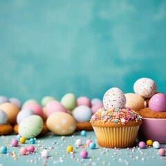 Fototapeta premium Easter-themed cookies, cupcakes, and other treats, set against a colorful background with copy space