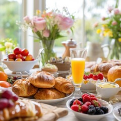 Easter brunch items, including pastries, fruits, and beverages, set against a festive background