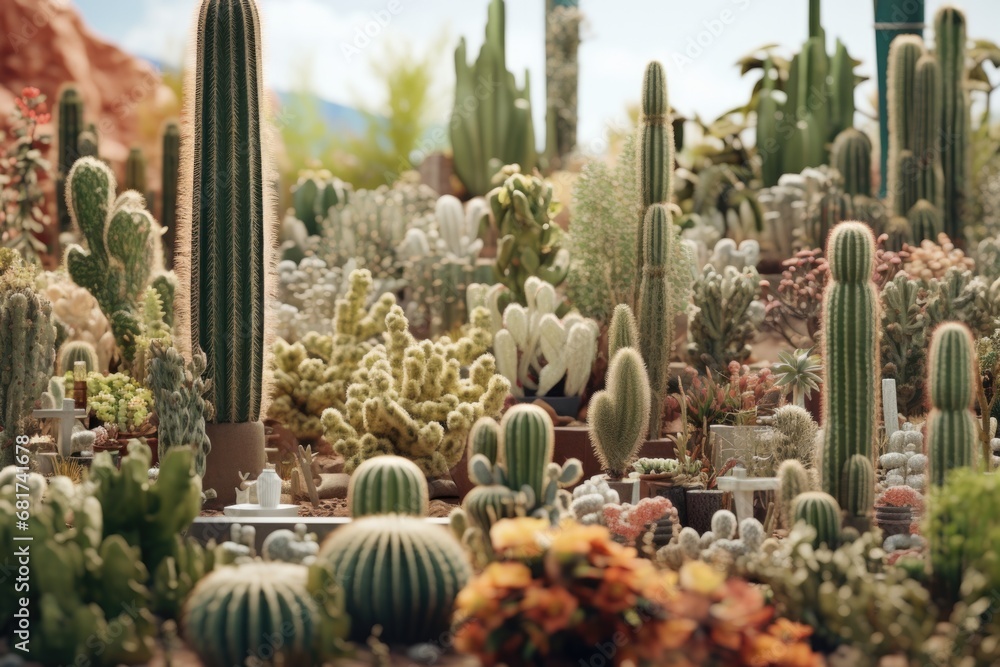 Poster a collection of diverse cactus plants thriving in the desert. perfect for nature enthusiasts and des