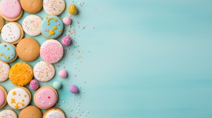 Fototapeta na wymiar Easter-themed cookies, cupcakes, and other treats, set against a colorful background with copy space