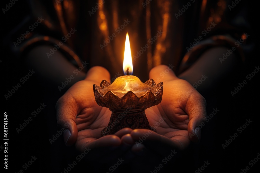 Poster a person holding a lit candle in their hands. this image can be used to create a warm and cozy atmos