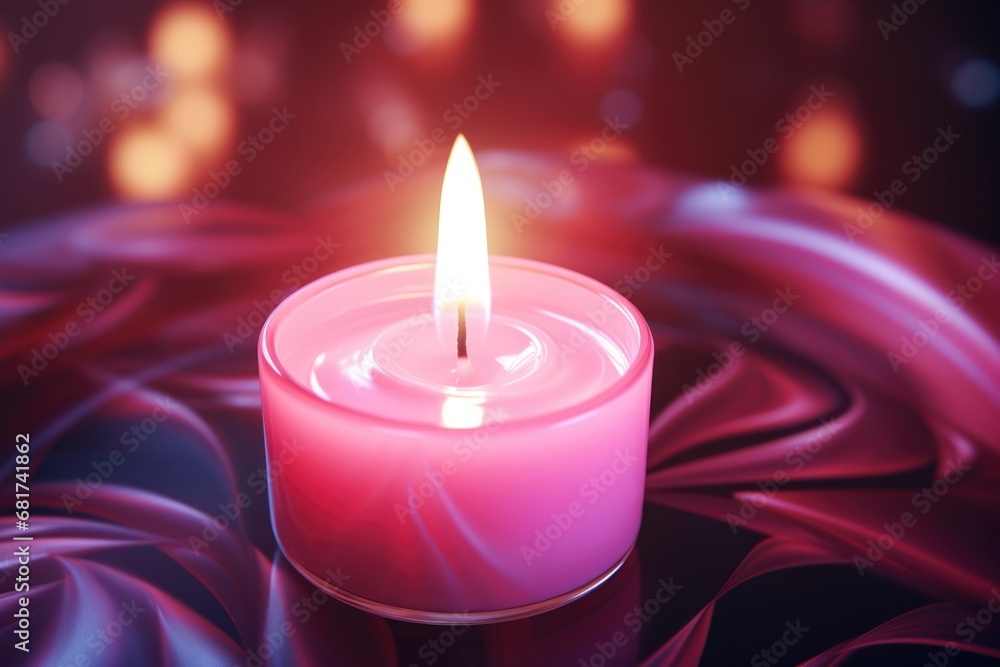 Poster a lit candle sitting on top of a purple cloth. this image can be used to create a cozy and peaceful 