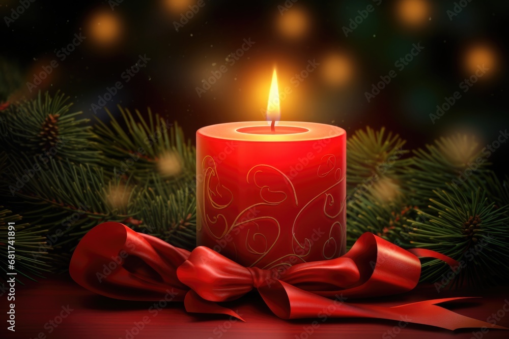 Poster A red candle adorned with a red ribbon and a bow. Perfect for adding a touch of elegance and romance to any occasion.