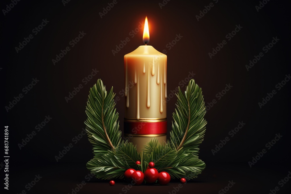 Aufkleber a lit candle surrounded by evergreen branches and berries. this image can be used to create a cozy a