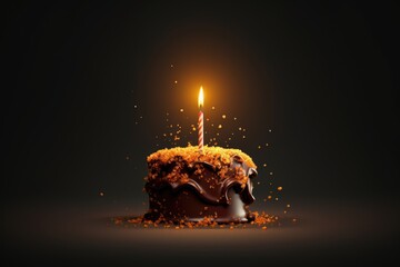 A delicious chocolate cake with a single lit candle on top. Perfect for birthdays or celebrations.