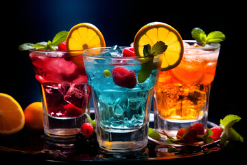 Refreshing cocktail glasses with fruit garnish, vibrant colors, and summery feel