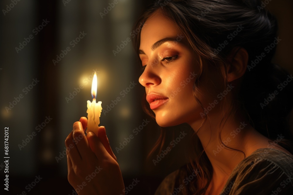 Aufkleber A woman holds a lit candle in her hand, creating a warm and inviting atmosphere. Perfect for adding a touch of elegance and serenity to any setting.