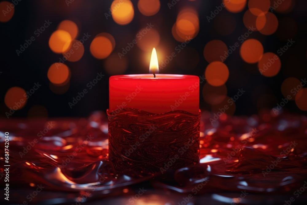 Poster A simple yet elegant image of a lit candle sitting on top of a table. Perfect for creating a cozy atmosphere or adding a touch of warmth to any space.