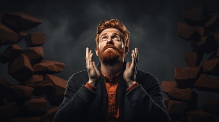A thoughtful redhead man with a long beard raises hands in doubt. Convey the complexity of decision-making and skepticism with this striking stock image - obrazy, fototapety, plakaty