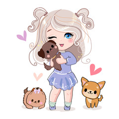 Cute cartoon girl  in anime style with dogs. Kawaii style. Vector illustration t-shirt print