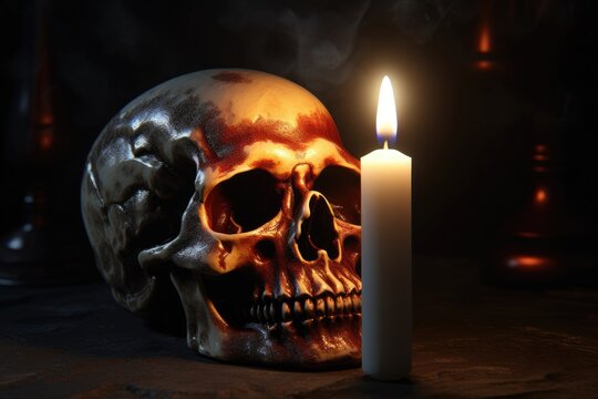 A skull with a candle placed in front of it. This image can be used to create a spooky and eerie atmosphere, perfect for Halloween decorations or horror-themed designs.