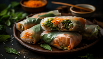 Fresh spring rolls with vegetables and shrimp, a healthy appetizer generated by AI