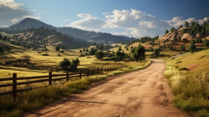 Naklejka premium Escape to rustic tranquility! Navigate a rural mountain dirt road, ascending through scenic hills.