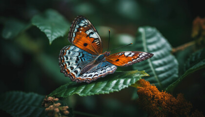 Obraz premium Endangered butterfly vibrant wing pollinates single yellow flower in forest generated by AI