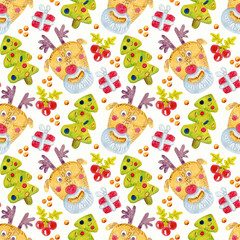 Merry pattern with a Christmas tree and a Christmas deer.