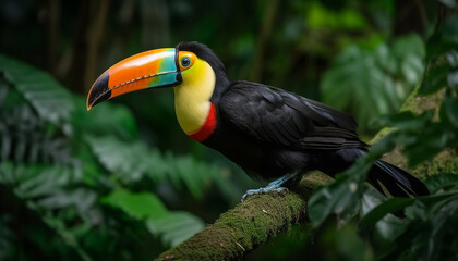 Fototapeta premium Toucan perching on branch, vibrant feathers in tropical rainforest generated by AI