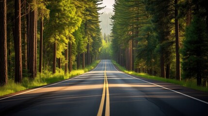 Fototapeta premium Conquer the scenic route! Drive uphill on a straight asphalt road, surrounded by towering trees. Capture the spirit of adventure with this captivating stock image