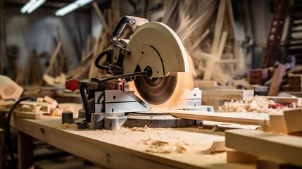 Carpentry saw when cutting wood, creating furniture and wooden elements - obrazy, fototapety, plakaty