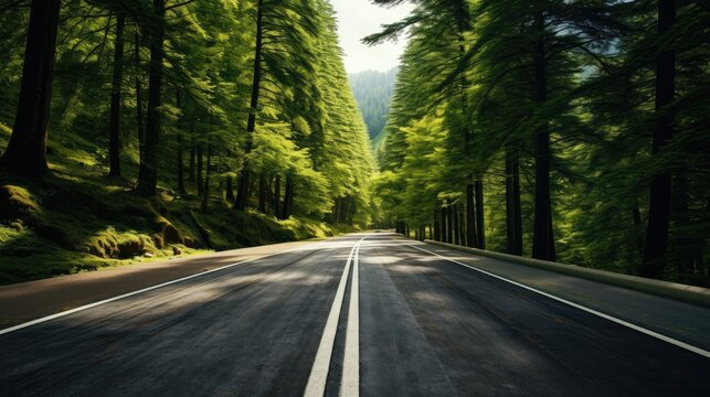Conquer the scenic route! Drive uphill on a straight asphalt road, surrounded by towering trees. Capture the spirit of adventure with this captivating stock image