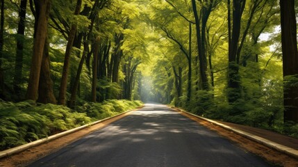 Fototapeta premium Conquer the scenic route! Drive uphill on a straight asphalt road, surrounded by towering trees. Capture the spirit of adventure with this captivating stock image