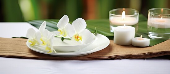 The table in the spa was beautifully set with a white tablecloth and adorned with tropical flowers, showcasing the natural beauty of the wood. The healthy and organic food options were served