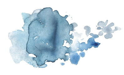Ink watercolor hand drawn blot. Wet blue color paper texture stain on white background.