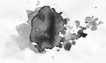 Zelfklevend Fotobehang Ink watercolor hand drawn blot. Wet grain black color paper texture stain on white background. © Liliia