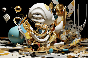 abstract still life with broken statues, spheres, gold metallics, chaotic, modern