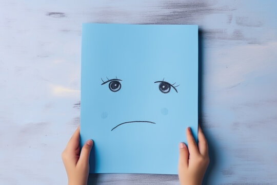 Hands holding blue paper with a sad face. Blue Monday concept - Powered by Adobe