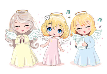 Beautiful little angels sing a song on a white background. Cartoon christmas card