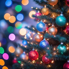 Obraz na płótnie Canvas Christmas tree with colorful lights and ornaments