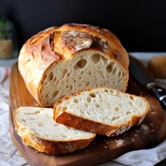 The crust of freshly baked bread is golden and crispy, while the inside is soft and fluffy