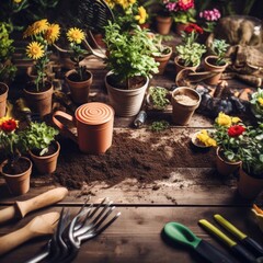 group of garden tools lying on a table surrounded by pots and plants