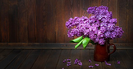 pink lilac and old wooden background