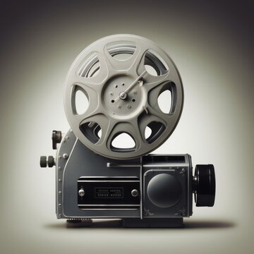 A classic image of a movie projector with a film reel
