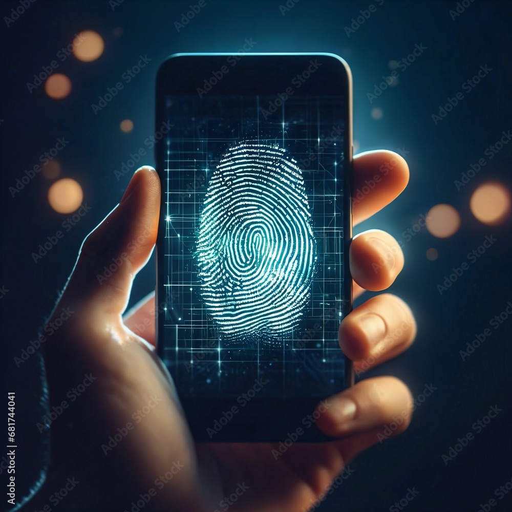 Fototapete hand holding a cell phone with a fingerprint on it. digital identity cbersecurity. biometric finger 