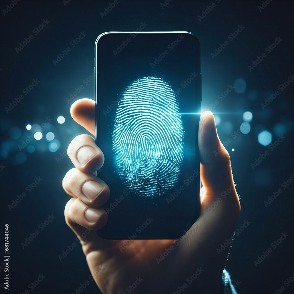 Fototapete hand holding a cell phone with a fingerprint on it. digital identity cbersecurity. biometric finger 