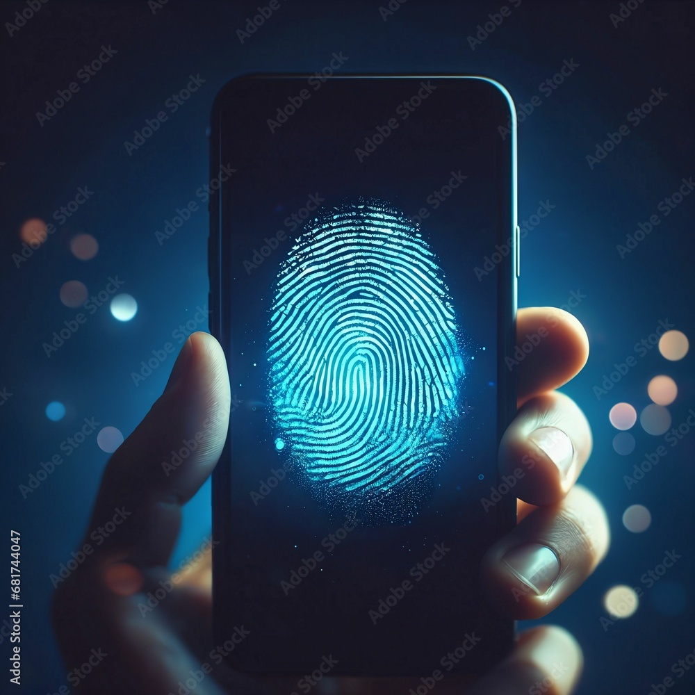 Fototapete hand holding a cell phone with a fingerprint on it. digital identity cbersecurity. biometric finger 