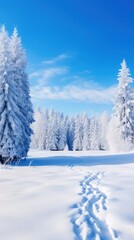 panoramic view of a snowy landscape with snow-covered trees and a bright blue sky,